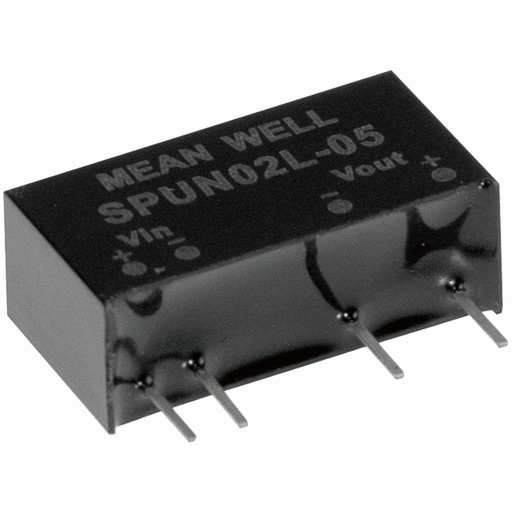 MEAN WELL SPUN02M-05 DC-DC Converter PCB mount; Input 10.8-13.2Vdc; Single Output 5Vdc at 0.4A; SIP Through hole package; 3000Vdc I/O isolation