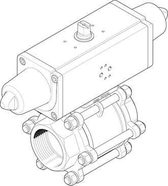 Festo 1758079 ball valve actuator unit VZBA-4"-GG-63-T-22-F10-V4V4T-PS240-R-90- 2/2-way, flange hole pattern F10, thread EN 10226-1. Design structure: (* 2-way ball valve, * Swivel drive), Type of actuation: pneumatic, Assembly position: Any, Mounting type: Line instal