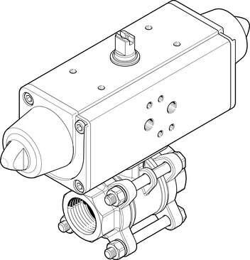 Festo 1758072 ball valve actuator unit VZBA-3/4"-GG-63-T-22-F0304-V4V4T-PS30-R- 2/2-way, flange hole pattern F0304, thread EN 10226-1. Design structure: (* 2-way ball valve, * Swivel drive), Type of actuation: pneumatic, Assembly position: Any, Mounting type: Line inst