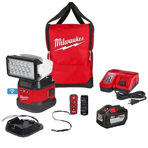 Milwaukee Tool 2123-21HD Search Light Kit; Utility Remote Control; Cordless; 4250Lumen Brightness; 1250Yard Beam Distance; Spot and Flood Mode; Includes M18 Magnetic Base, Hardwire Base, M18 Redlithium High Output HD12.0 Battery Pack, M18/M12 Rapid Charger and Carry Bag