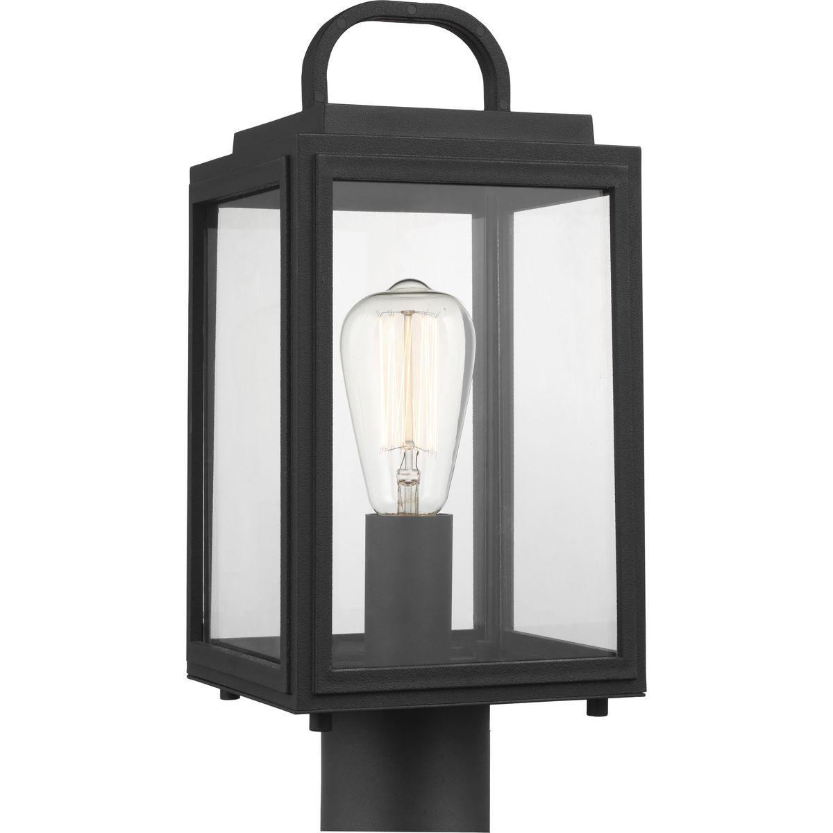 Hubbell P540064-031 Partner timeless elegance with a pinch of coastal vibe with this post lantern. A beautiful black square frame crafted from corrosion-proof composite polymer material features a half loop on top of the structure. The light fixture's clear glass panes allow