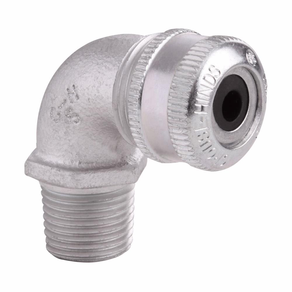Eaton CGE195 SG Eaton Crouse-Hinds series CGE cable gland, Cable range min/max: 0.500-0.625", Non-armoured and tray cable, 90° angle, Non-armoured gland, Feraloy iron alloy, General purpose, Sealing gasket and locknut, 1/2" NPT