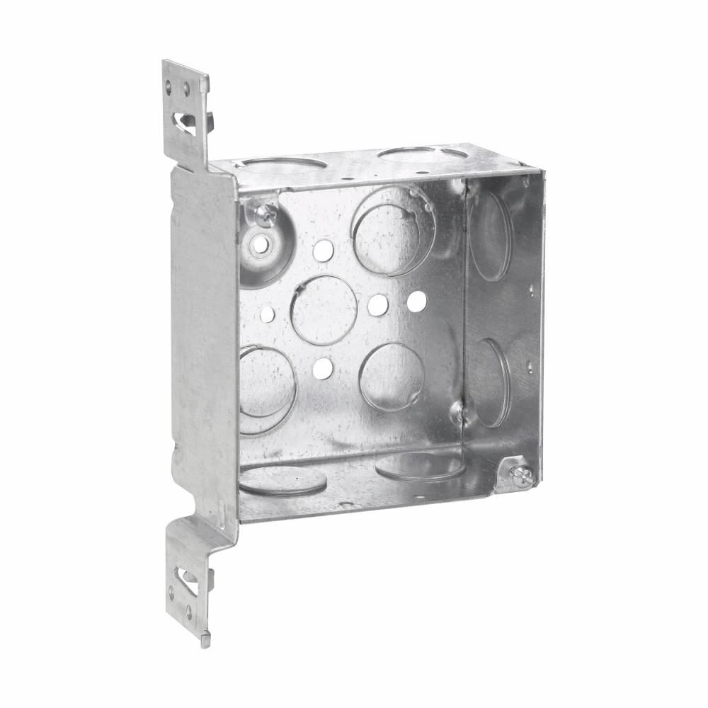 Eaton Corp TP432VMS Eaton Crouse-Hinds series Square Outlet Box, (2) 1/2", (2) 1/2", (1) 3/4" E, 4", VMS, Conduit (no clamps), Welded, 2-1/8", Steel, (8) 3/4", 30.3 cubic inch capacity