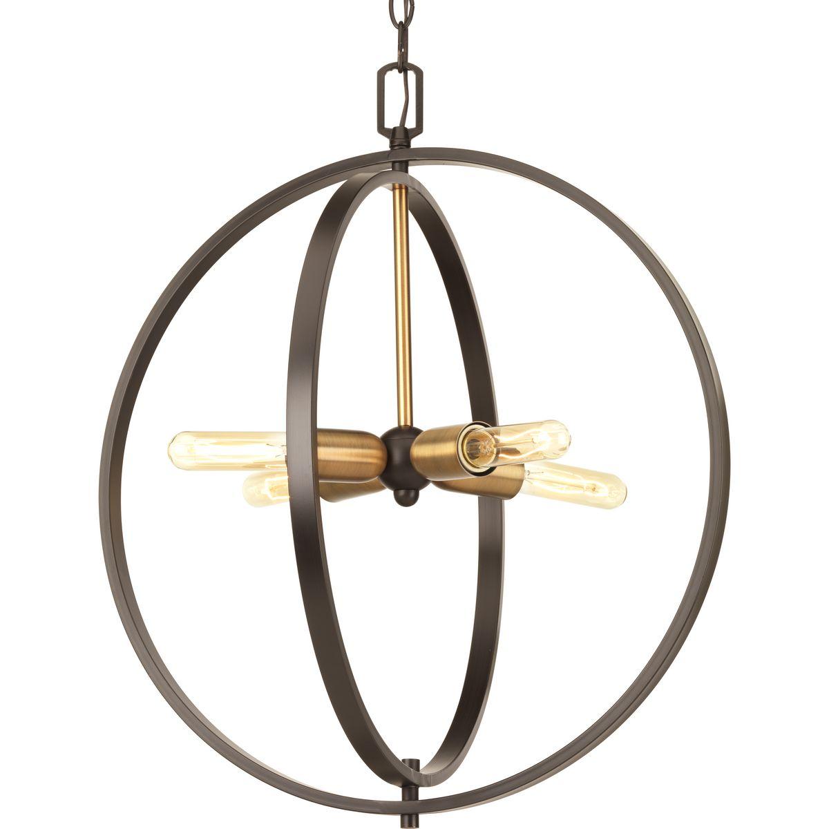 Hubbell P5190-20 The four-light sphere medium pendant within the Swing Collection features mixed metal accents in an Antique Bronze finish with Vintage Brass candle holders. The vintage undertones adds style to dining rooms and kitchens.  ; Vintage electric undertones. ; 
