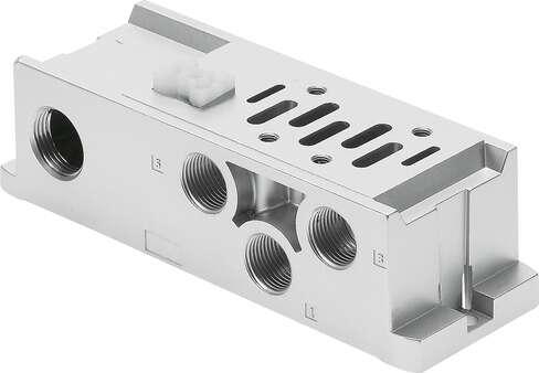 Festo 555642 sub-base VABS-S2-2S-N12-B-K1 Width: 52 mm, Based on the standard: ISO 5599-2, Assembly position: Any, Pilot air supply: Internal, Operating pressure: -0,9 - 10 bar
