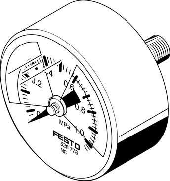 Festo 526781 pressure gauge MA-50-1,0-R1/4-MPA-E-RG With display unit in MPa, adjustable red/green range. Indicating range [MPa]: 0 - 1 MPa, Conforms to standard: EN 837-1, Nominal size of pressure gauge: 50, Design structure: Bourdon-tube pressure gauge, Mounting typ