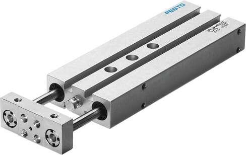 Festo 32684 twin-piston cylinder DPZ-10-50-P-A With two parallel piston rods, for proximity sensing, with elastic cushioning rings in end positions. Centre of gravity distance from working load to yoke plate: 0 mm, Stroke: 50 mm, Adjustable end-position range/length: