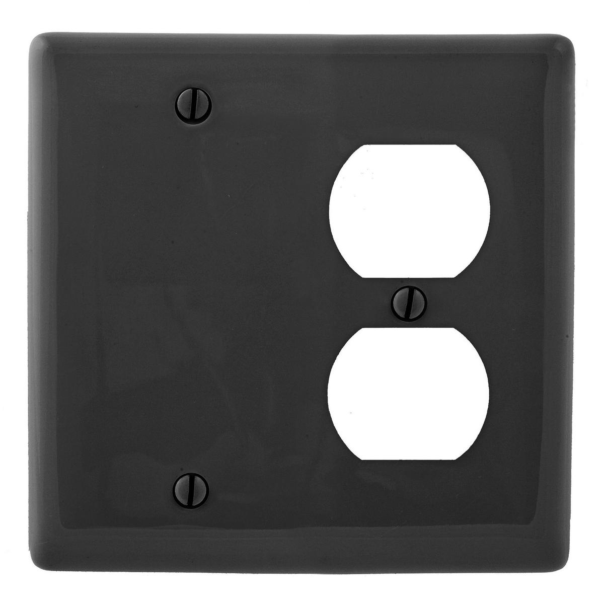 Hubbell NP138BK Wallplates, Nylon, 2-Gang, 1) Duplex, 1) Blank, Black  ; Reinforcement ribs for extra strength ; High-impact, self-extinguishing nylon material ; Captive screw feature holds mounting screw in place ; Standard Size is 1/8" larger to give you extra coverage
