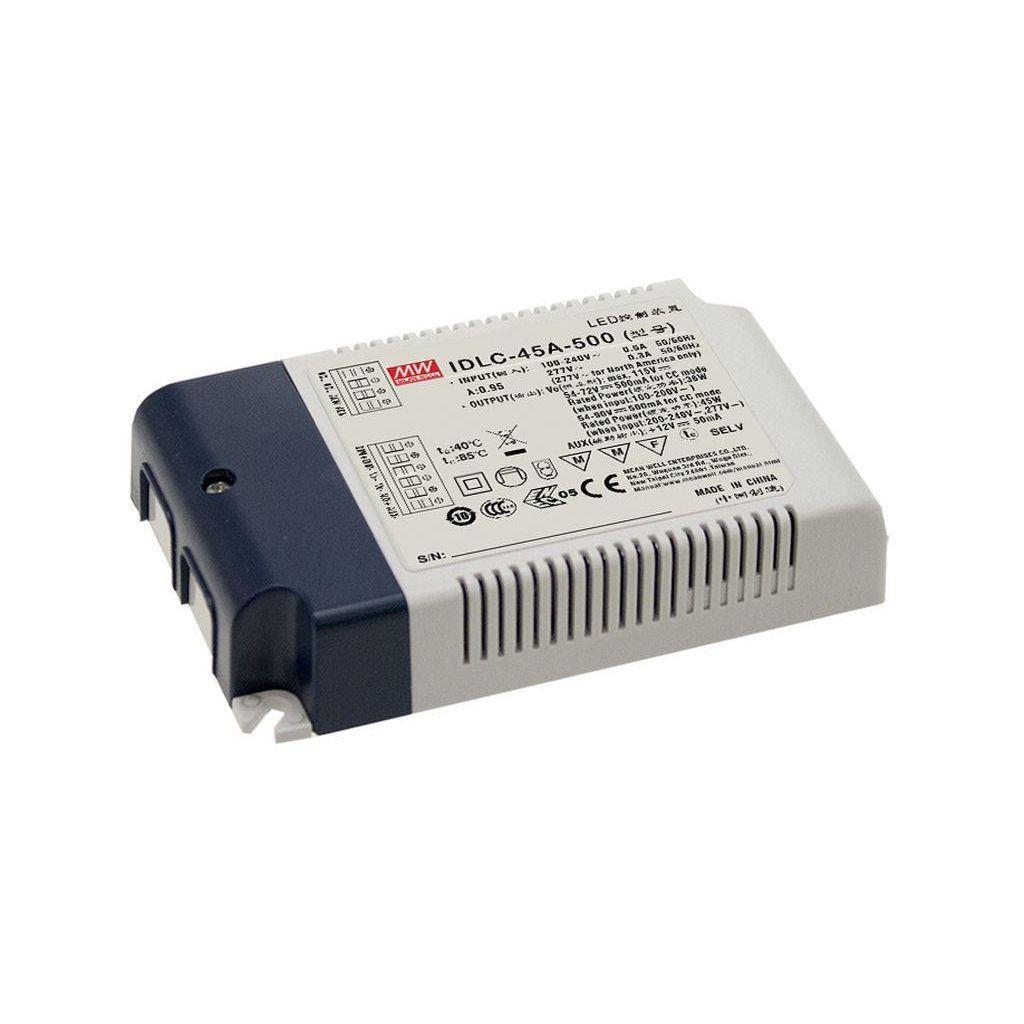 MEAN WELL IDLC-45A-1050 AC-DC Constant Current LED Driver (CC) with PFC; Output 43Vdc at 1.05A; 2 in 1 dimming with auxiliary output