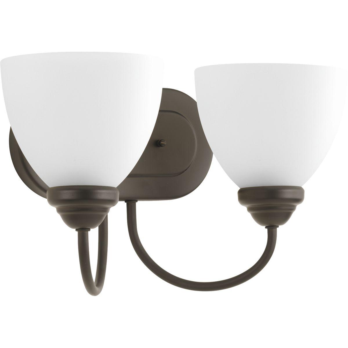 Hubbell P2915-20 The Heart Collection possesses a smart simplicity to complement today's home. This two-light bath bracket includes etched glass shades to add distinction and provide pleasing illumination to any room. Versatile design permits installation of fixture facin