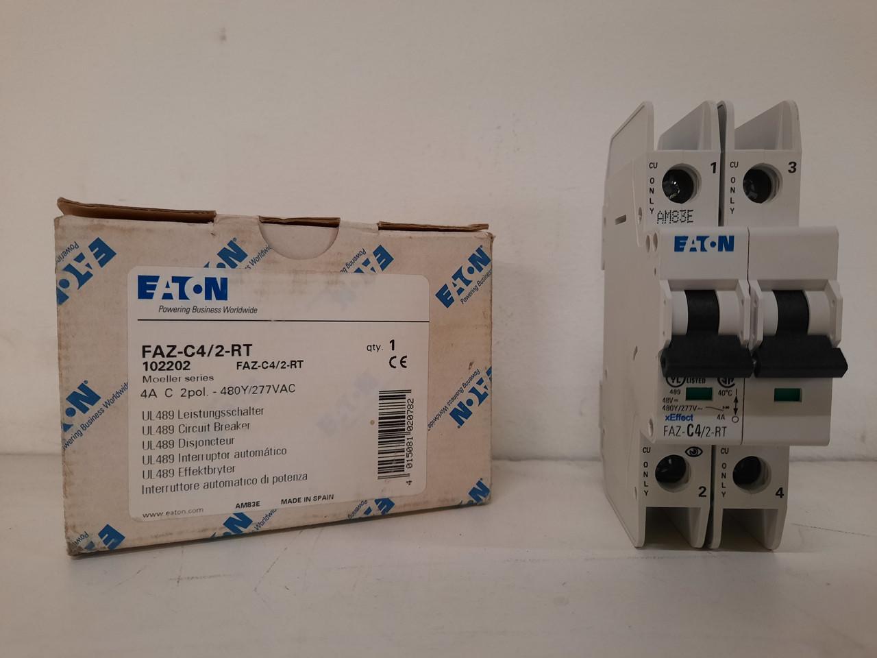Eaton FAZ-C4/2-RT 277/480 VAC 50/60 Hz, 4 A, 2-Pole, 10/14 kA, 5 to 10 x Rated Current, Ring Tongue Terminal, DIN Rail Mount, Standard Packaging, C-Curve, Current Limiting, Thermal Magnetic