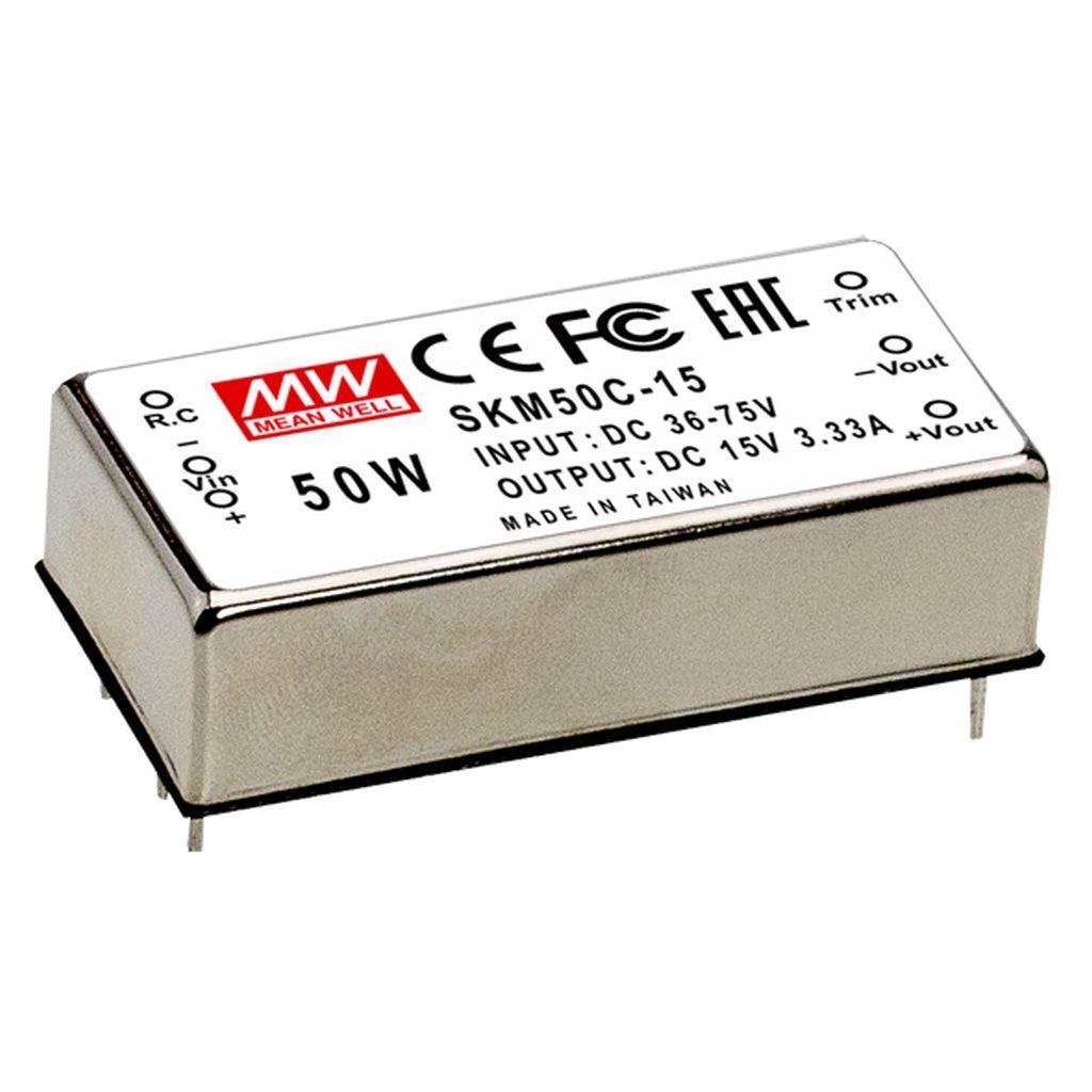MEAN WELL SKM50B-05 DC-DC Converter PCB mount; Input 18-36Vdc; Output 5Vdc at 10A; DIP Through hole package; Built-in EMI filter; 2" x 1" ultra compact size