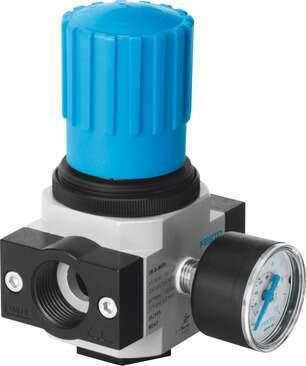 Festo 162589 pressure regulator LR-1-D-7-MAXI With pressure gauge, working pressure up to 7 bar. Size: Maxi, Series: D, Actuator lock: Rotary knob with lock, Assembly position: Any, Design structure: Piloted piston regulator