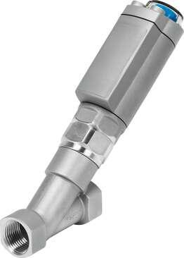 Festo 8060542 angle seat valve VZXA-B-TS7-3/4"-M2-V14T-12.8-K-46-17-V4 Modular, pneumatically actuated angle seat valve in stainless steel. Under seat version, safety position closed, NPT thread, nominal width 3/4". Design structure: Poppet valve with piston actuator, 