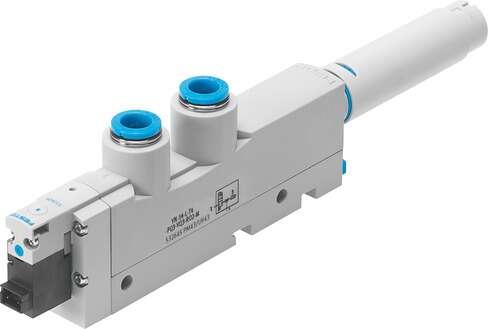 Festo 532644 vacuum generator VN-14-H-T4-PQ3-VQ3-RO2-M With built-in solenoid valve. Standard, high vacuum, width 18 mm, T shape with plug connector and open silencer. Nominal size, Laval nozzle: 1,4 mm, Grid dimension: 18 mm, Design, silencer: open, Assembly position