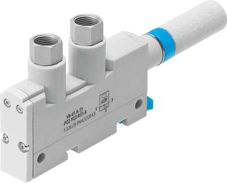 Festo 537225 vacuum generator VN-05-H-T3-PI4-VI4-RO1-A With ejector pulse. Standard, high vacuum, width 14 mm, T shape with female thread and open silencer. Nominal size, Laval nozzle: 0,45 mm, Grid dimension: 14 mm, Design, silencer: open, Assembly position: Any, Eje