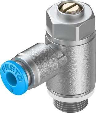 Festo 193157 one-way flow control valve GRLZ-1/8-QS-4-D For supply air flow control, with swivel joint. Valve function: one-way flow control function for supply air, Pneumatic connection, port  1: QS-4, Pneumatic connection, port  2: G1/8, Adjusting element: Slotted h