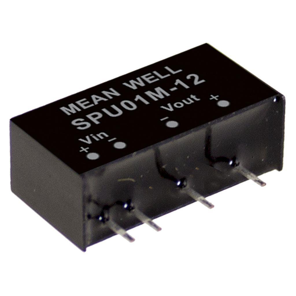 MEAN WELL SPU01M-05 DC-DC Converter PCB mount; Input 10.8-13.2Vdc; Single Output 5Vdc at 0.2A; SIP Through hole package