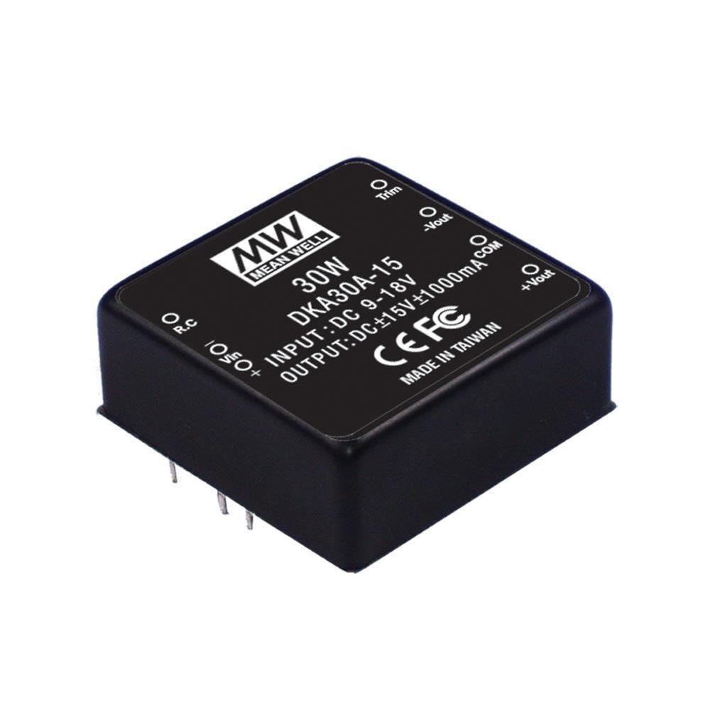 MEAN WELL DKA30A-15 DC-DC Converter PCB mount; Input 9-18Vdc; Output +/-15Vdc at 1A; DIP Through hole package