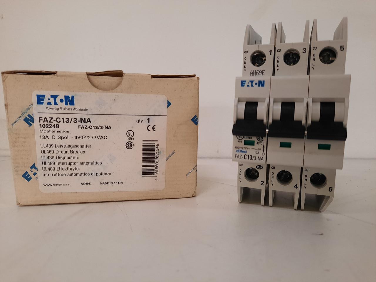 Eaton FAZ-C13/3-NA 277/480 VAC 50/60 Hz, 13 A, 3-Pole, 10/14 kA, 5 to 10 x Rated Current, Screw Terminal, DIN Rail Mount, Standard Packaging, C-Curve, Current Limiting, Thermal Magnetic