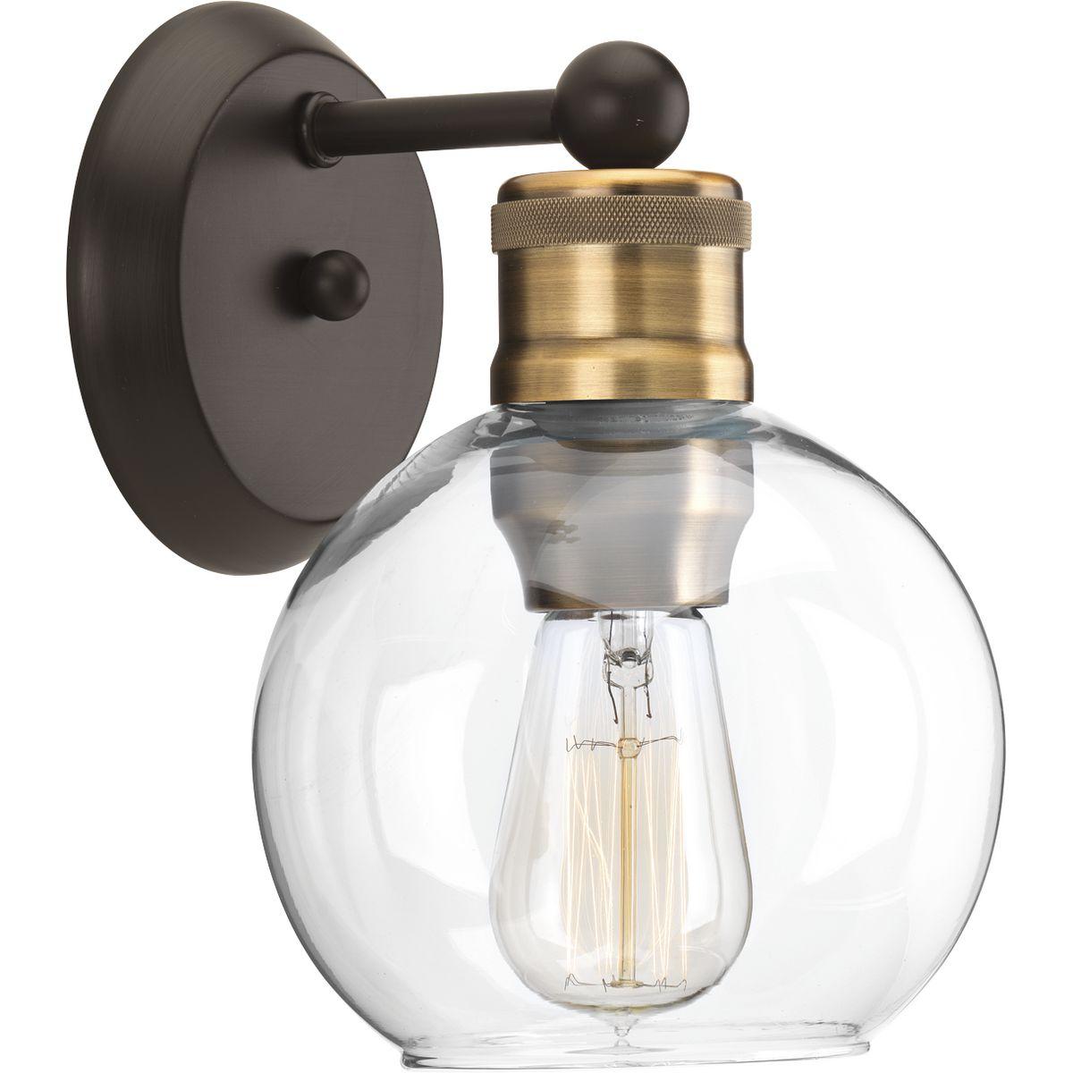 Hubbell P300049-020 The Hansford collection of fixtures feature a clear, spherical shade paired with vintage style metal fittings in an Antique Bronze and Vintage Brass combination finish. Featuring a clean and precise design with generous scale, Hansford's classic style bri