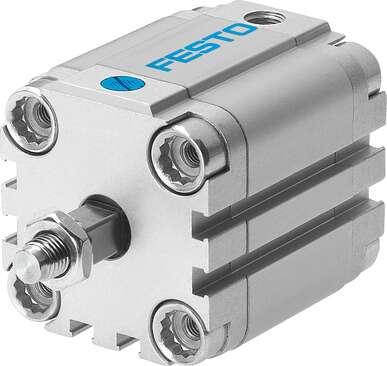 Festo 157107 compact cylinder AEVULQ-80-15-A-P-A For proximity sensing. Secured against rotation by means of square piston rod. Stroke: 15 mm, Piston diameter: 80 mm, Cushioning: P: Flexible cushioning rings/plates at both ends, Assembly position: Any, Mode of operati