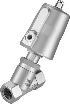 Festo 1002548 angle seat valve VZXF-L-M22C-M-B-N34-180-M1-V4V4T-50-20 Pneumatically actuated angle seat valve in stainless steel. Under seat version, safety position closed, NPT thread, nominal width 3/4". Design structure: Poppet valve with piston actuator, Type of ac