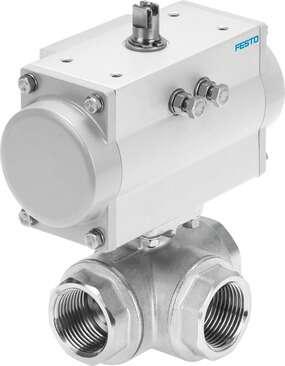 Festo 8070266 ball valve actuator unit VZBM-A-1/4"-RP-25-F-3L-B2-PB20 Brass, with single-acting actuator DFPD 3/2-way, nominal width 1/4", PN25, thread EN 10226-1. Design structure: (* 3-way ball valve, * Swivel drive), Type of actuation: pneumatic, Assembly position: 