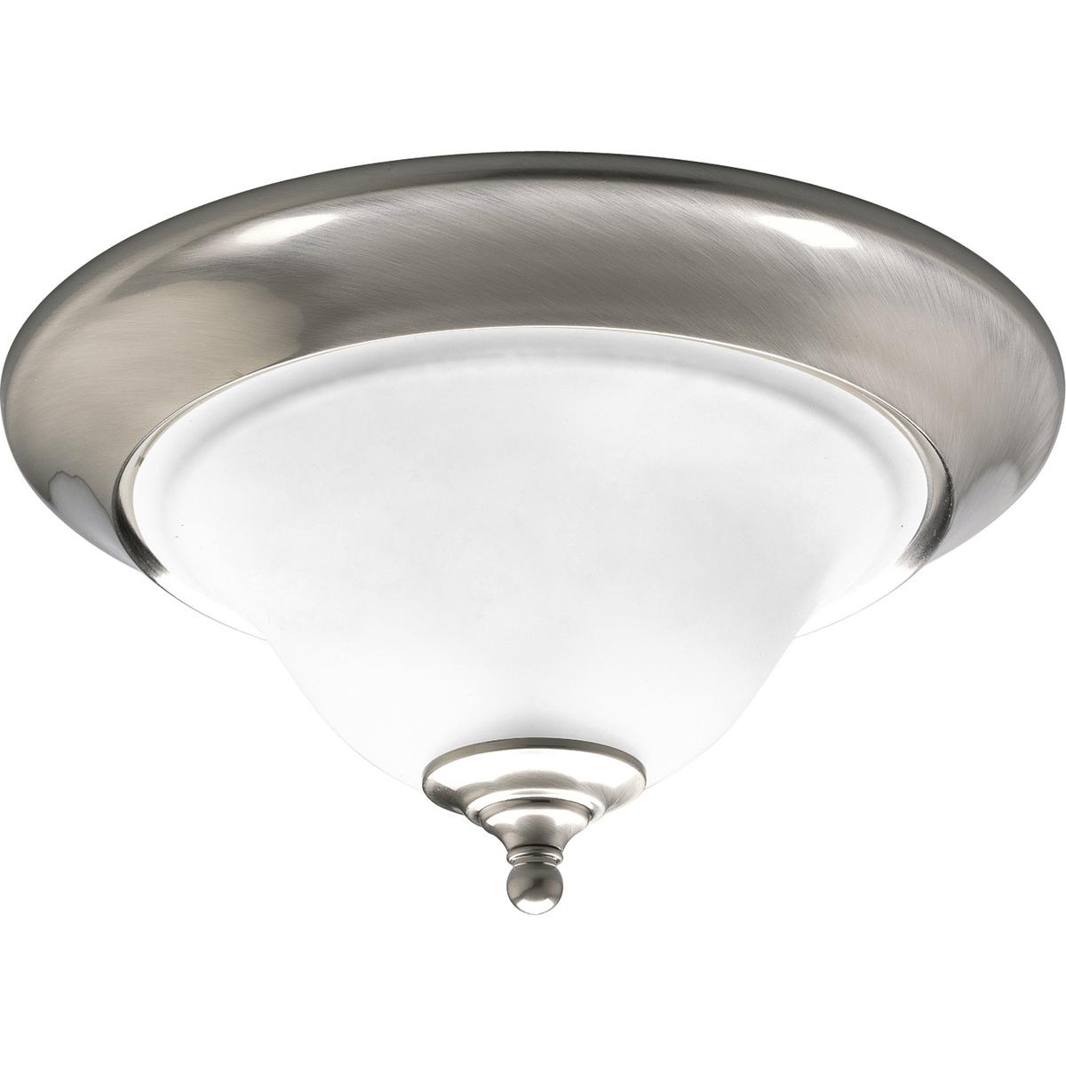 Hubbell P3476-09 Two-light close-to-ceiling fixture featuring soft angles, curving lines and etched glass shades. Gracefully exotic, the Trinity Collection offers classic sophistication for transitional interiors. Sculptural forms of metal and glass are enhanced by a clas