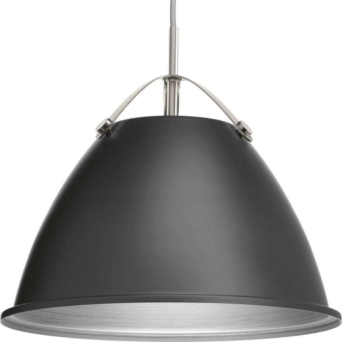 Hubbell P500052-143 Tre is a classic metal shade 15" pendant with an updated combination of a Graphite dome and Brushed Nickel accents. A tri-arm support adds a sense of architectural and industrial detailing, while the vented shade allows for both downward and upward illumi