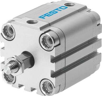 Festo 156836 compact cylinder ADVULQ-100-15-A-P-A For proximity sensing. Secured against rotation by means of square piston rod. Stroke: 15 mm, Piston diameter: 100 mm, Cushioning: P: Flexible cushioning rings/plates at both ends, Assembly position: Any, Mode of opera