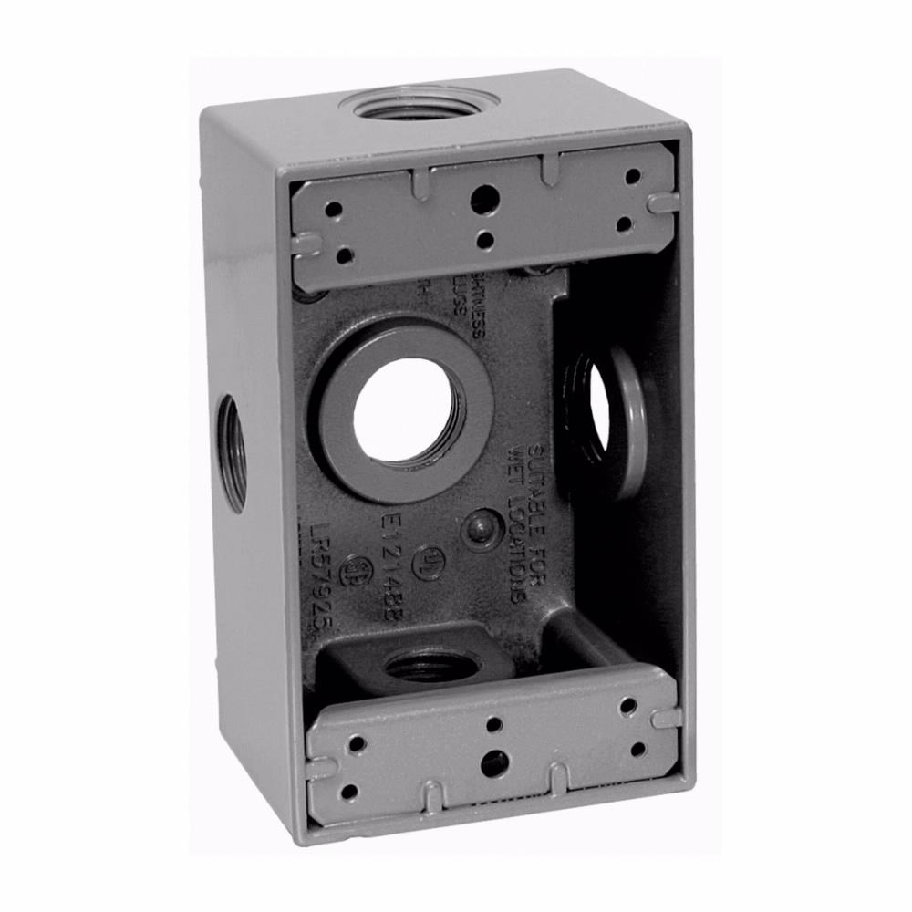 Eaton Corp TP7066 Eaton Crouse-Hinds series weatherproof outlet box, 18.0 cu in, Gray, 2" deep, Die cast aluminum, Single-gang, (5) 3/4" outlet holes, Rectangular, side entry, with lugs