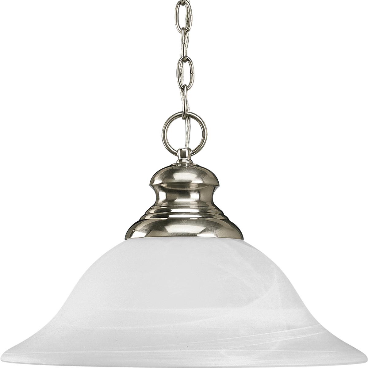 Hubbell P5090-09 One-light pendant with etched alabaster style glass from the Bedford Collection features softly diffused alabaster glass shades on a finely crafted frame. Striking metallic finish adds richness and depth to the fixture. The style blends well with today's 