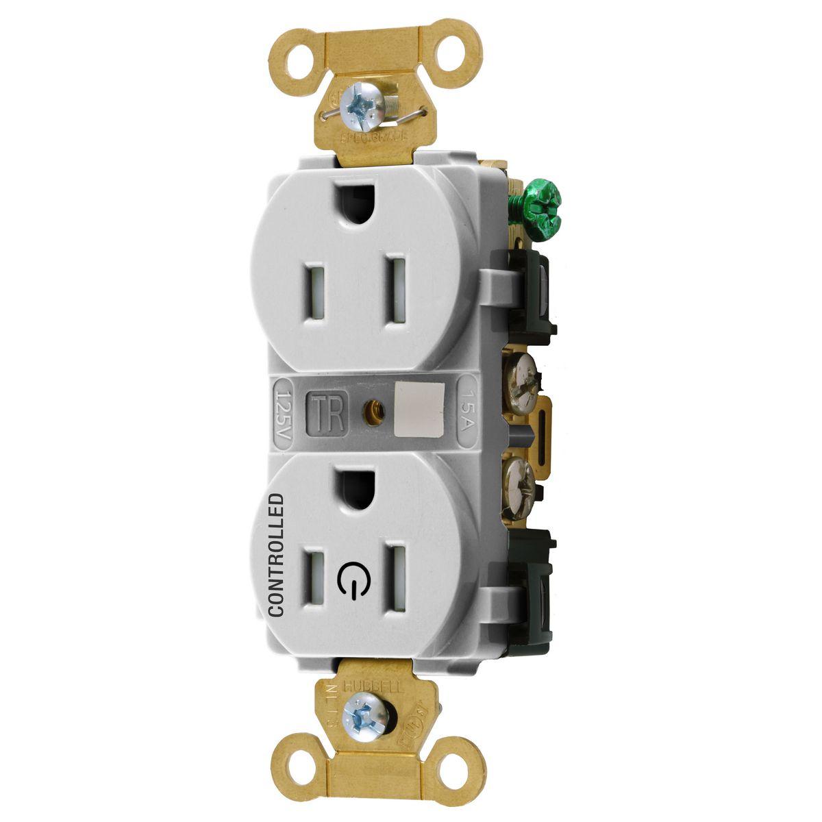 Hubbell HBL5262C1WHITR Straight Blade Devices,Extra Heavy Duty Standard Duplex Receptacles for Controlled Applications ,  Split Circuit,15A,125V, 2 Pole, 3 Wire Grounding,White  ; Permanently marked with universal power symbol and the word "CONTROLLED" to visually identify rece