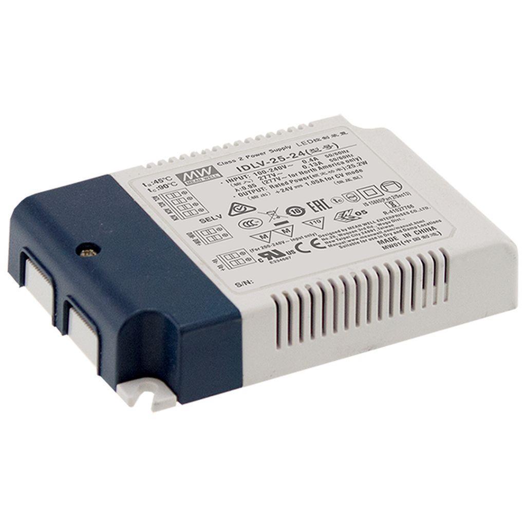 MEAN WELL IDLV-25A-60 AC-DC Constant Voltage LED Driver (CV); Input range 90-295VAC; Output 60Vdc at 0.42A; 2 in 1 dimming with 0-10Vdc or PWM signal and Auxiliary output