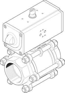 Festo 1809660 ball valve actuator unit VZBA-3"-GG-63-T-22-F0710-V4V4T-PP180-R-9 2/2-way, flange hole pattern F0710, thread EN 10226-1. Design structure: (* 2-way ball valve, * Swivel drive), Type of actuation: pneumatic, Assembly position: Any, Mounting type: Line inst