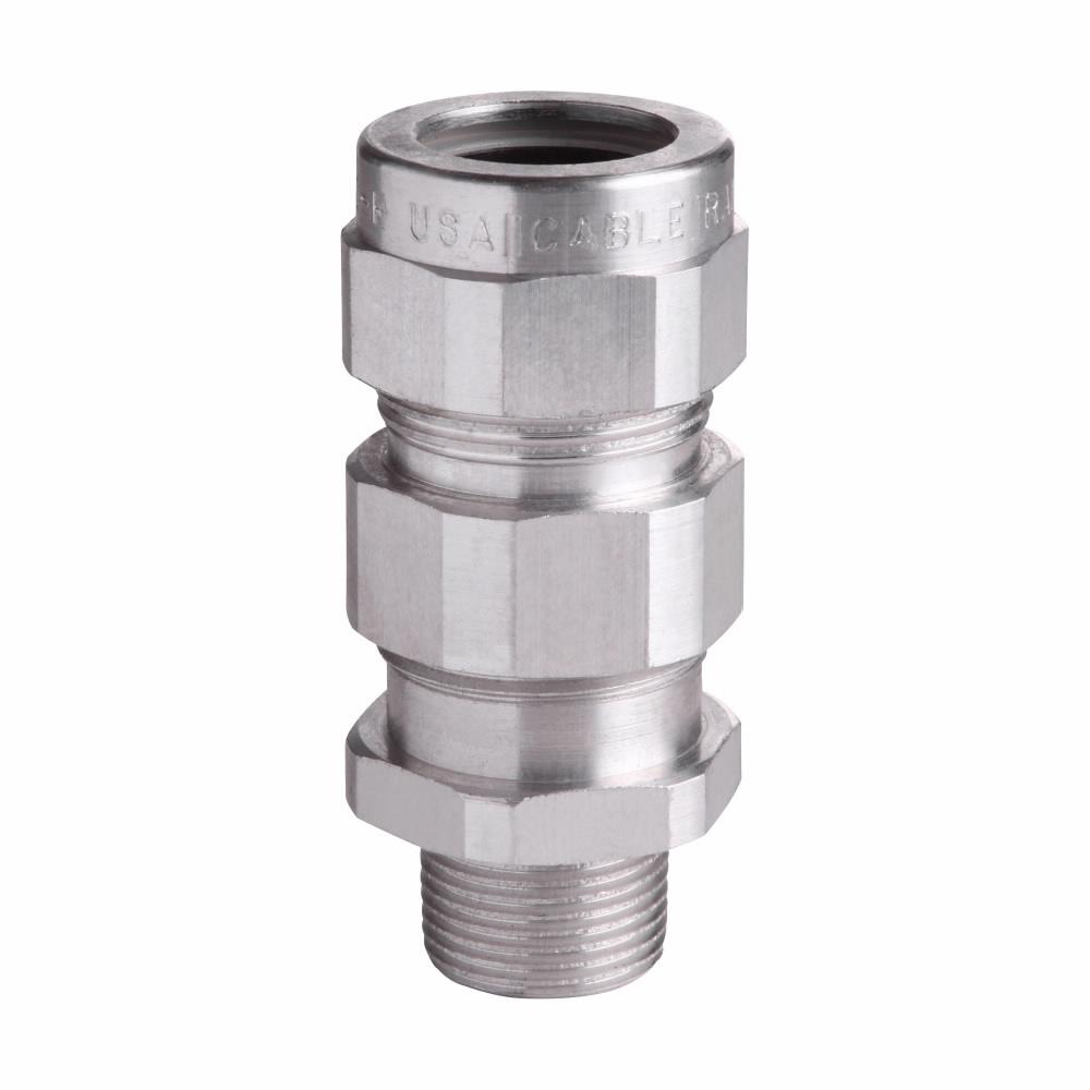 Eaton TMC6206 BR NP Eaton Crouse-Hinds series TMC cable gland,Metal-clad (interlocked or continuously welded corrugated armoured) and tray cable,Armoured gland, Nickel-plated brass, Outer Sheath:1.63-2.31",General purpose, 2" NPT,Armor Range:1.57-2.06"