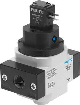 Festo 173907 on-off valve HEE-3/8-D-MIDI-110-NPT Used in conjunction with service units. Grid dimension: 55 mm, Design structure: Piston slide, Type of actuation: electrical, Sealing principle: soft, Exhaust-air function: not throttleable