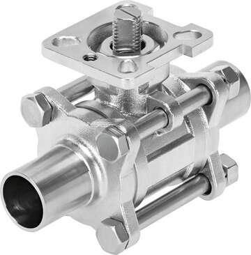 Festo 4762849 ball valve VZBD-1-W1-16-T-2-F0405-V14V14 Stainless steel for use in the cosmetics and pharmaceutical industry, 2/2-way, nominal width 1", top flange F0405, PN16, welded ends to ASME-BPE, electropolished. Design structure: 2-way ball valve, Type of actuati