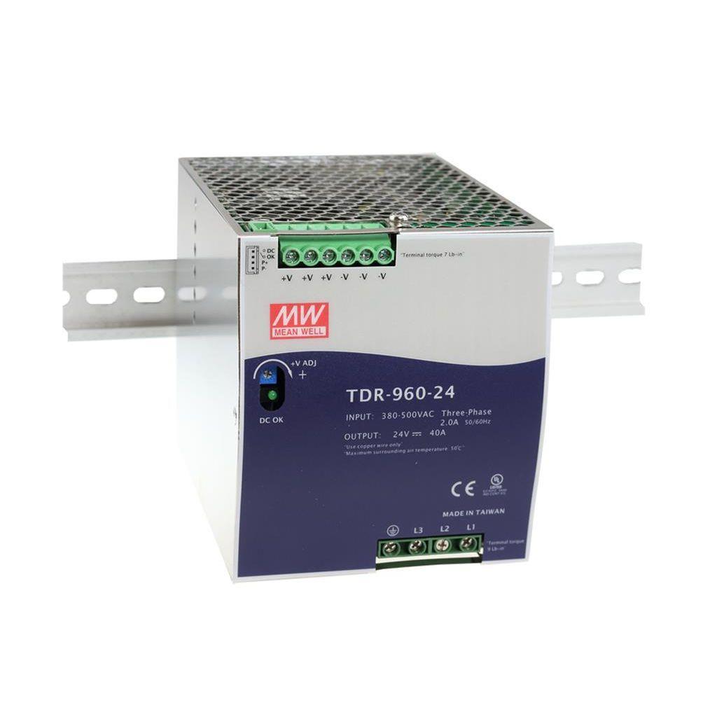 MEAN WELL TDR-960-48 AC-DC Industrial 3-phase DIN rail power supply; Output 48Vdc at 20A; metal case; 2 phase operation possible; current sharing 3+1