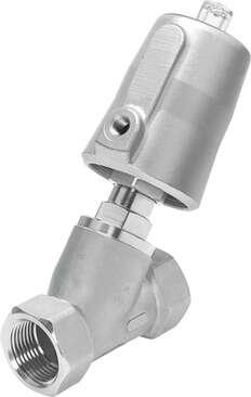 Festo 3540817 angle seat valve VZXF-L-M22C-M-A-G114-310-M1-V4ANT-80-16 Pneumatically actuated angle seat valve in stainless steel. Over seat version, safety position closed, G thread, nominal width 1 1/4". Design structure: Poppet valve with piston actuator, Type of ac