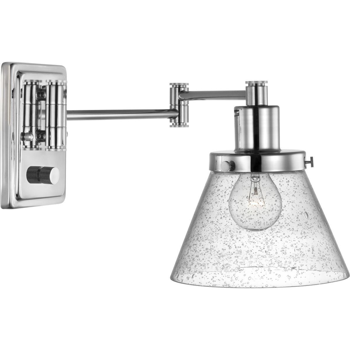 Hubbell P710084-104 Enjoy focused task lighting with the industrial demeanor of this one-light swing arm wall bracket. A clear seeded glass shade is ready to provide you with focused task light wherever illumination is called upon. The light fixture's signature adjustable ar