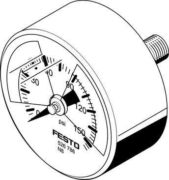 Festo 526786 pressure gauge MA-40-145-R1/8-PSI-E-RG With display unit in psi, adjustable red/green range. Indicating range [psi]: 0 - 145 psi, Conforms to standard: EN 837-1, Nominal size of pressure gauge: 40, Design structure: Bourdon-tube pressure gauge, Mounting t