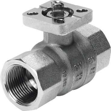 Festo 534303 ball valve VAPB-3/8-F-40-F03 Brass, nominal width 3/8", top flange F03, PN40. Design structure: 2-way ball valve, Type of actuation: mechanical, Sealing principle: soft, Assembly position: Any, Mounting type: Line installation