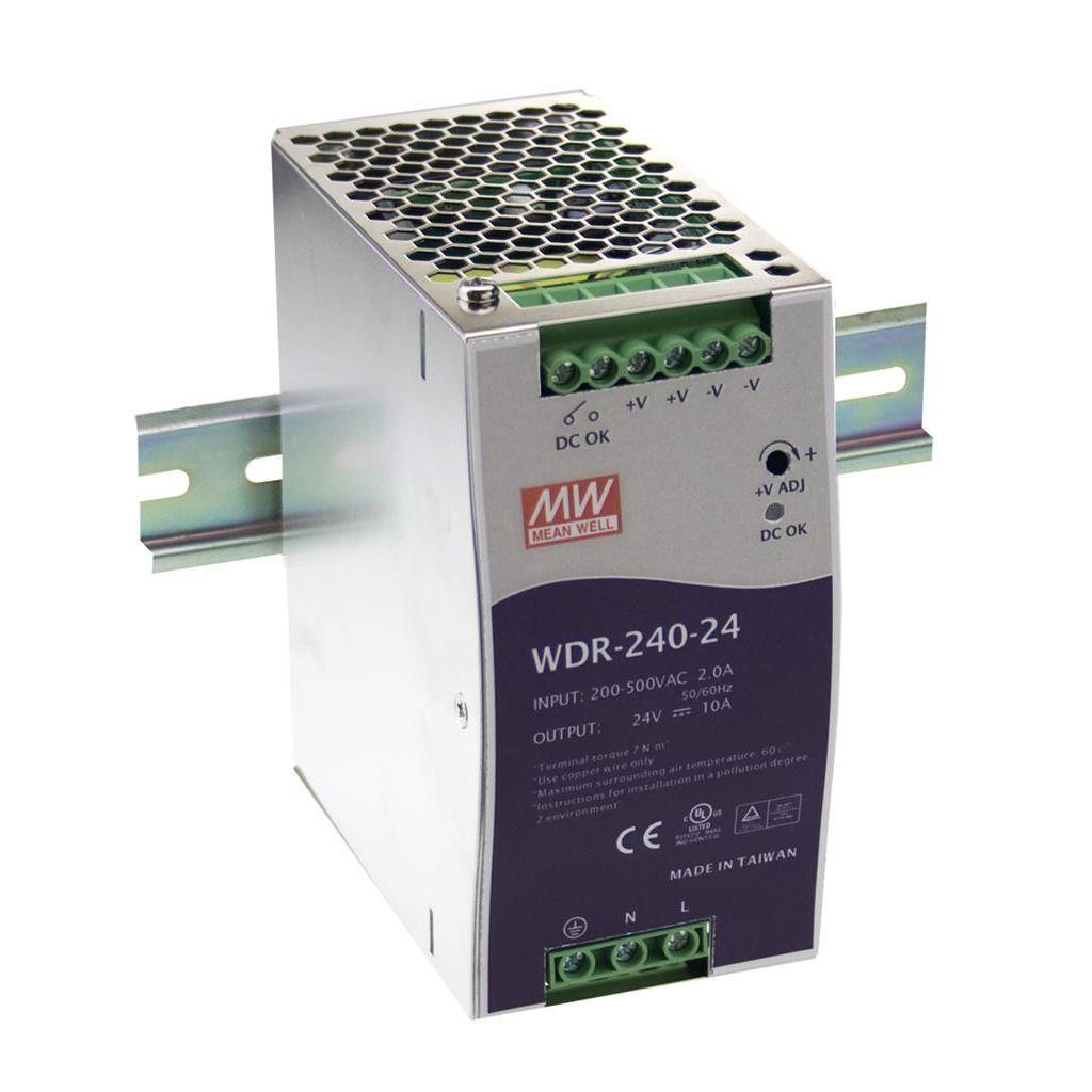MEAN WELL WDR-240-48 AC-DC Industrial DIN rail power supply; Output 48Vdc at 5A; metal case; Ultra wide input 180-550Vac for single and two phase mains network