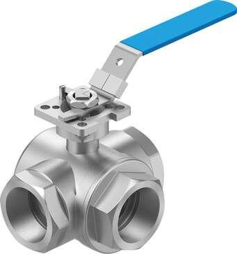 Festo 8096950 ball valve VZBE-2-T-63-F-3L-F0507-M-V15V15 Design structure: (* 3-way ball valve, * L hole), Type of actuation: mechanical, Sealing principle: soft, Assembly position: Any, Mounting type: Line installation