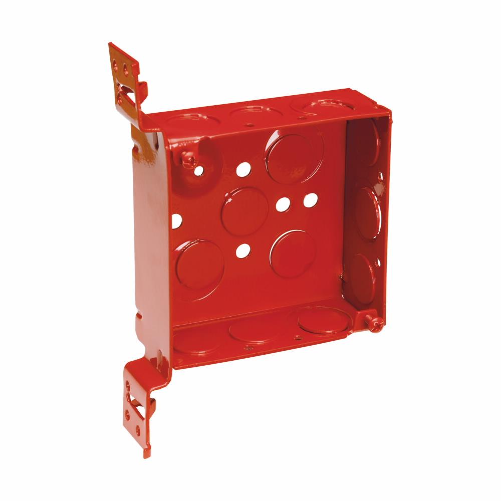Eaton Corp TP423RED Eaton Crouse-Hinds series Square Outlet Box, (2) 1/2", (2) 1/2", (1) 3/4" E, 4", VMS, Red, Conduit (no clamps), Welded, 1-1/2", Steel, (6) 1/2", (3) 1/2", (1) 3/4" E, 22.0 cubic inch capacity