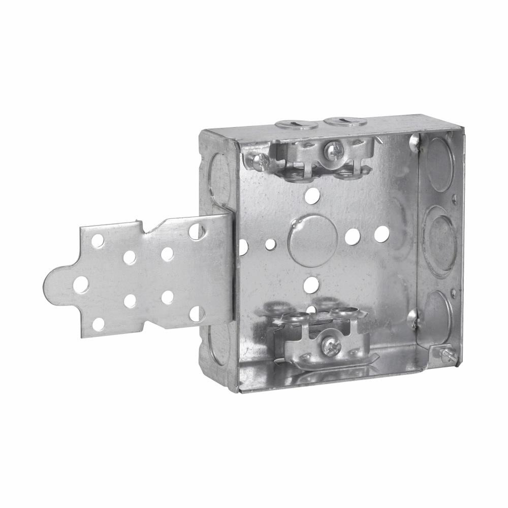 Eaton Corp TP456PF Eaton Crouse-Hinds series Square Outlet Box, (1) 1/2", 4", AC/MC clamps, Welded, 1-1/2", Steel, (2) 1/2", (1) 1/2", (1) 3/4" E, Includes ground screw with pigtail lead, 22.0 cubic inch capacity