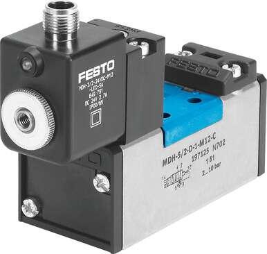 Festo 533009 solenoid valve MDH-5/2-D-3-M12-C With M12 plug connection. Valve function: 5/2 monostable, Type of actuation: electrical, Width: 65 mm, Standard nominal flow rate: 4500 l/min, Operating pressure: 2 - 10 bar