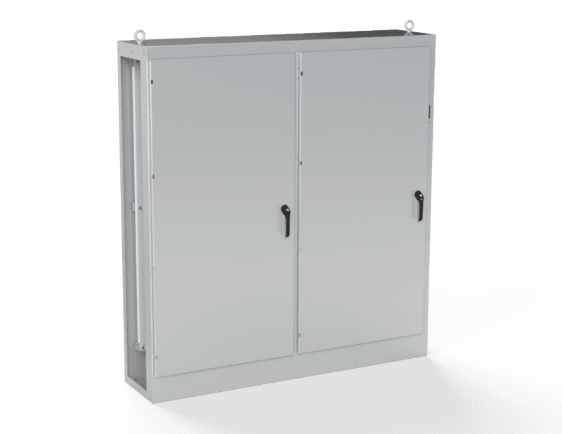 Saginaw Control SCE-MOD84X7818G 2DR MOD Enclosure, Height:84.00", Width:77.75", Depth:18.00", ANSI-61 gray powder coating inside and out. Sub-panels are powder coated white.